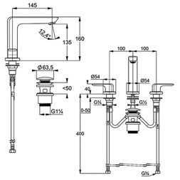 Смеситель для раковины Kludi Ameo двухвентильный, с донным клапаном, на 3 отверстия, хром (413930575)