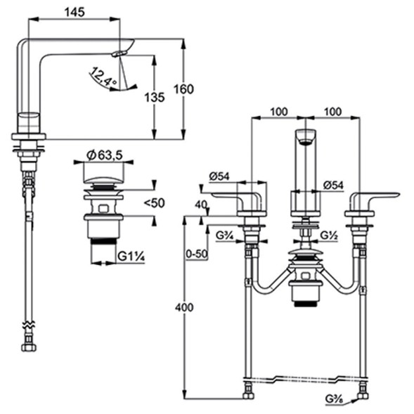 Смеситель для раковины Kludi Ameo двухвентильный, с донным клапаном, на 3 отверстия, хром (413930575)
