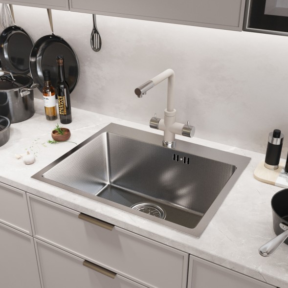 Мойка настол.монтаж 53х43 (3,0) вып 3 1/2  MIXLINE PRO 22см с сифоном (сатин НАНО декор) - 552934 