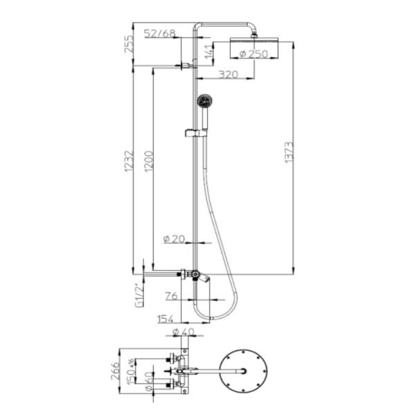 Душевая стойка Bossini ELIOS с термостатом, верхним и ручным душем и шлангом, цвет хром (L10401.1.030)