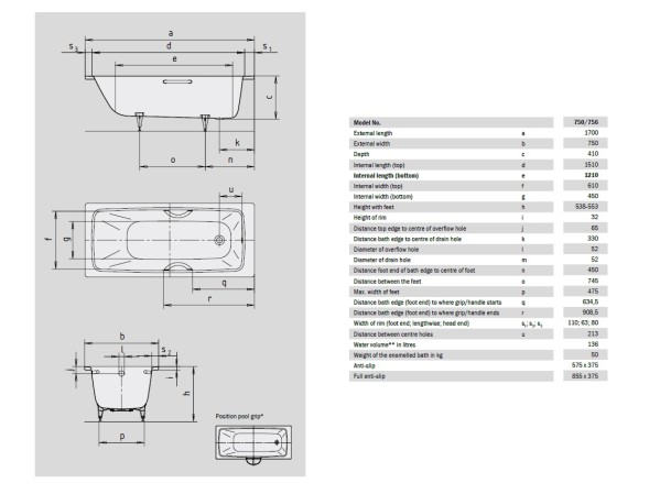 Ванна стальная Kaldewei CAYONO 1700х750х410 мм, AntiSlip, Easy Clean, alpine white, без ножек