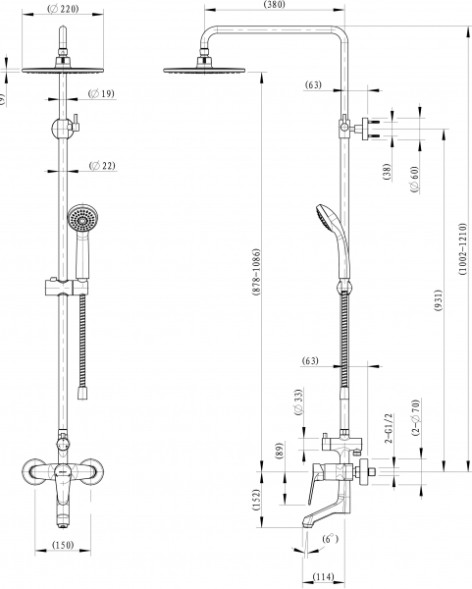 Душевая колонна Bravat ECO со смесителем для ванны, поворотный излив, хром (F6111147C-A-RUS)