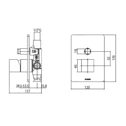 Комплект Bossini CUBE Смеситель для душа, встраиваемый, 2 выхода, внешняя часть, хром + Встраиваемая часть смесителя с девиатором 2 направления (Z00063.030+Z00005)
