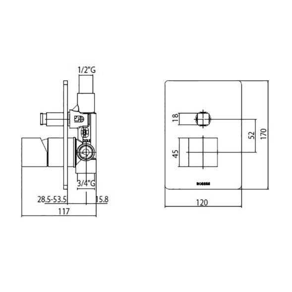 Комплект Bossini CUBE Смеситель для душа, встраиваемый, 2 выхода, внешняя часть, хром + Встраиваемая часть смесителя с девиатором 2 направления (Z00063.030+Z00005)