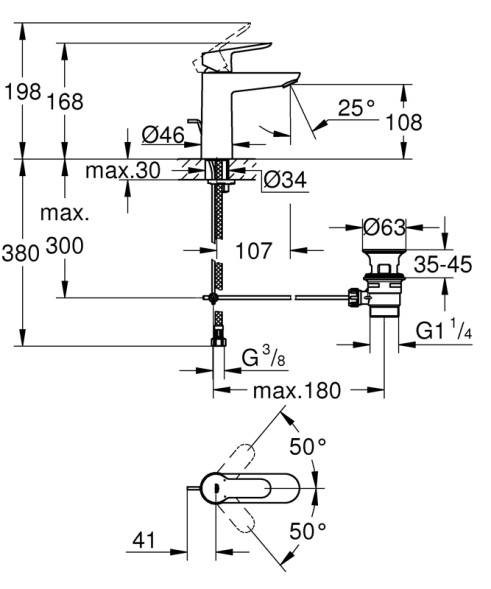 Смеситель для раковины GROHE BauEdge с донным клапаном, M-Size, хром (23758000)
