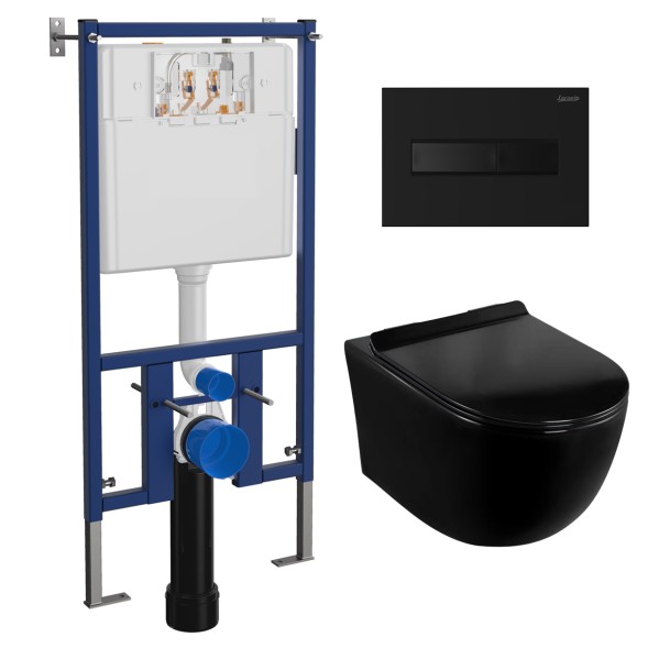 Сет LORANTO Инсталляция с кнопкой Line черная матовая + унитаз CANTO чёрный матовый с сиденьем микролифт (4501+7323+CS-203HM-MB)