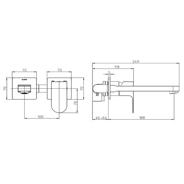 Комплект Bossini TEO Смеситель для раковины, настенный, встраиваемый, с изливом 18.5 см, хром + Встраиваемая часть однорычажного смесителя (Z00732.030+Z00801)