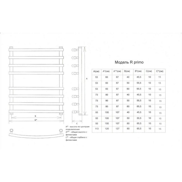 Полотенцесушитель водяной ДВИН R Primo 60/40 1&amp;quot;-3/4&amp;quot;-1/2&amp;quot; К3 Полированный (4627085970606)