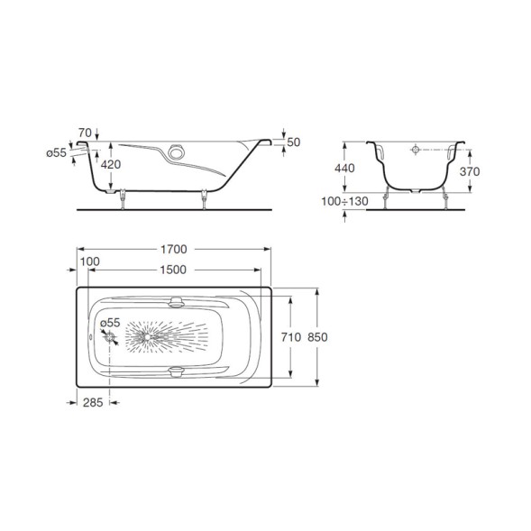 Ванна чугунная Roca MING 170х85, противоскользящее покрытие, с ручками