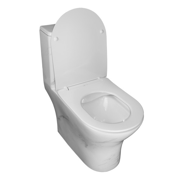 Унитаз-моноблок Azario Terni 350х670х760 напольный, безободковый, горизонтальный слив, сиденье дюропласт микролифт, цвет - белый мрамор (AZ-8618M)