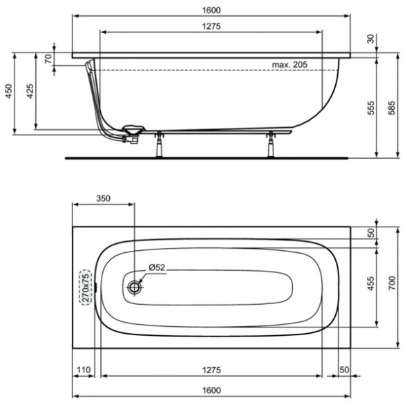 Ванна акриловая Ideal Standard i.life 1600х700 пристенная, встраиваемая (T475801)