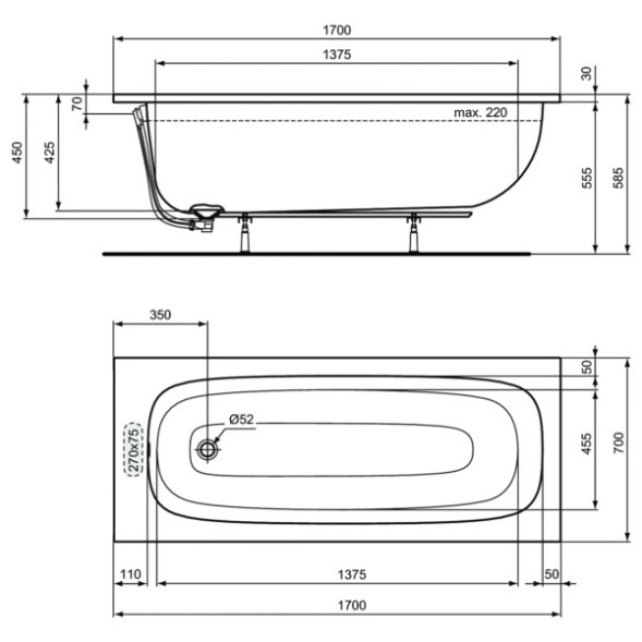 Ванна акриловая Standard i.life 1700х700 пристенная, встраиваемая (T475901)