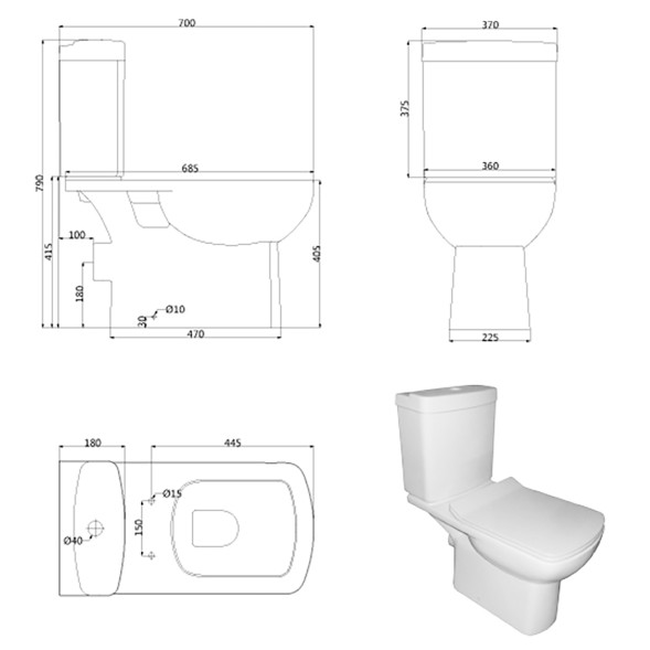 Унитаз-компакт Creo Ceramique TOURS 370х700х790 напольный, с тонкой крышкой и быстросъемным сиденьем микролифт (TO1002N+TO1003N+TO1001N)