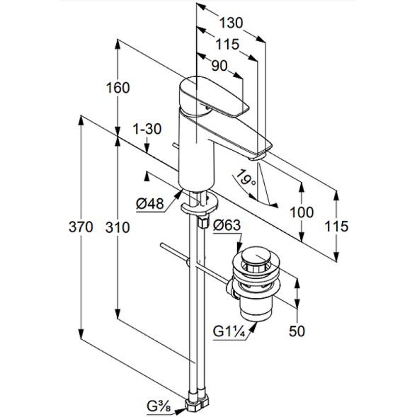 Смеситель для раковины KLUDI PURE&amp;amp;SOLID 100 однорычажный, c донным клапаном, хром (342900575)