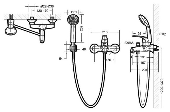 Смеситель для ванны Bravat Fit с коротким изливом и душевой лейкой, хром (F6135188CP-B-RUS)