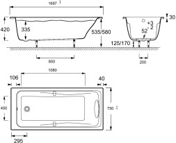 Ванна акриловая Jacob Delafon Odeon Up 170x75 прямоугольная, белая (E60491RU-00)