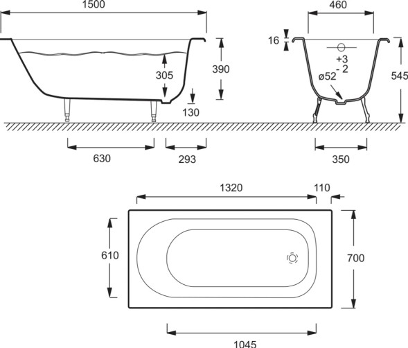 Ванна чугунная Jacob Delafon SOISSONS 150x70 без антискользящего покрытия, без отверстий для ручек, без ножек, белая (E2941-00)
