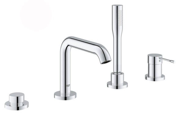 Смеситель для ванны GROHE Essence+ на 4 отверстия с душевым гарнитуром и изливом (на бортик ванны), хром (19578001)