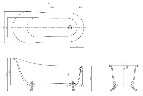 Ванна акриловая AZARIO CARDIFF 1700x760x800 свободностоящая, в комплекте с сифоном и металлическими ножками (CAR17076)