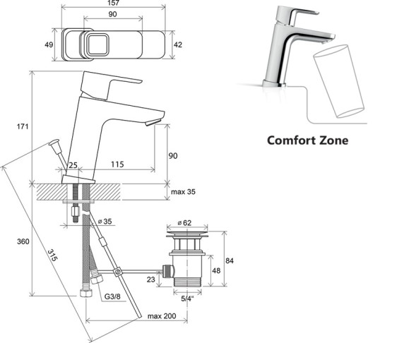 Смеситель для раковины Ravak 10° TD 013.00, с донным клапаном, однорычажный, хром (X070061)