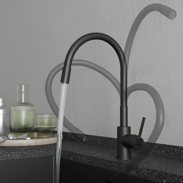 Смеситель для кухни 35к Milardo M01BL0FM05 &amp;quot;Meal&amp;quot; гибкий, высокий пов. излив, п/гайку, ЧЕРНЫЙ мат - M01BL0FM05 