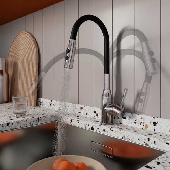 Смеситель для кухни 35к Milardo M01SB2FM05 &amp;quot;Meal&amp;quot; гибкий, высокий пов. излив, п/гайку ЧЕРНЫЙ-Хром - M01SB2FM05 