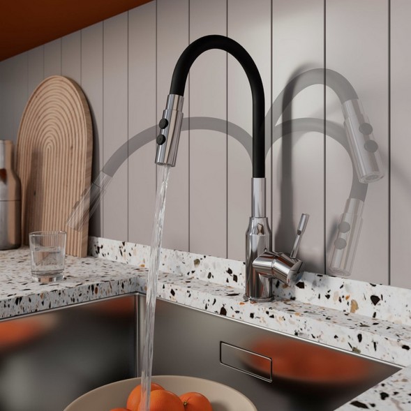 Смеситель для кухни 35к Milardo M01SB2FM05 &amp;quot;Meal&amp;quot; гибкий, высокий пов. излив, п/гайку ЧЕРНЫЙ-Хром - M01SB2FM05 