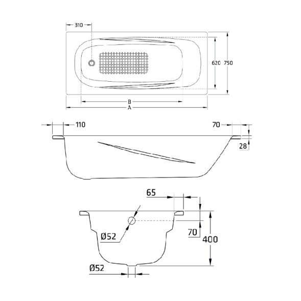 Ванна стальная BLB Universal Anatomica HG 150х75, белая, c отверстиями для ручек