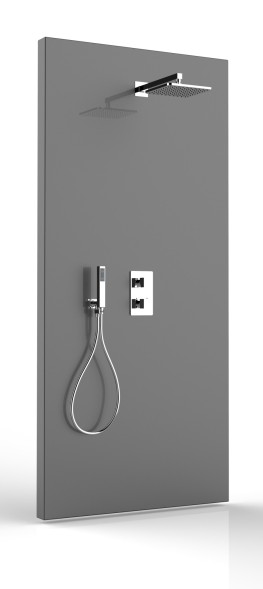 Душевой комплект Bossini COSMO: смеситель термостат на 2 выхода, верхний душ 230x230 мм, ручной душ CUBE с водорозеткой, шланг 150 см, цвет хром (M00755.030)