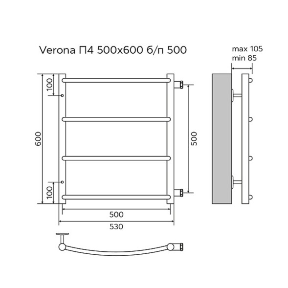 Полотенцесушитель водяной AZARIO VERONA 500/600 4 секции, нижнее/диагональное подключение, 1/2&amp;quot;, графит (AZ83913G)