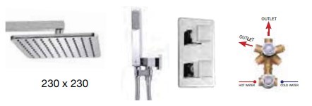 Душевой комплект Bossini COSMO: смеситель на 2 выхода, верхний душ 230x230 мм, ручной душ CUBE с водорозеткой, шланг 150 см, цвет хром (M00757.030)