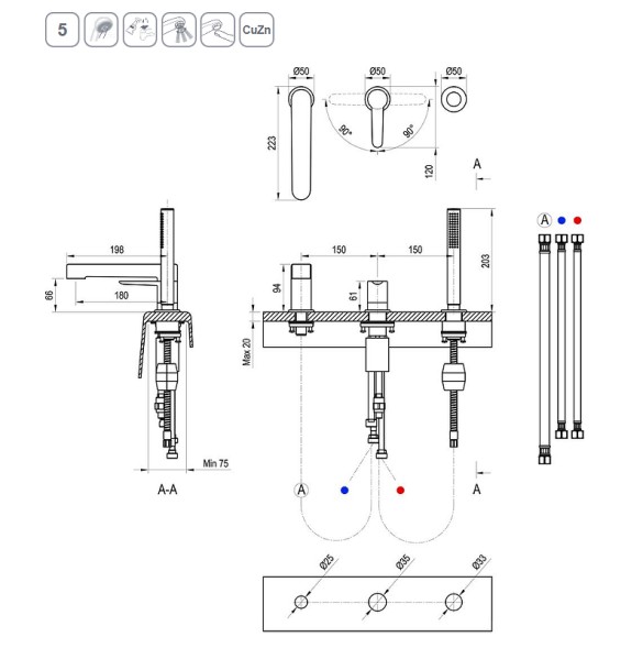 Смеситель на борт ванны Ravak Puri PU 026.20 керамический картридж, черный матовый (X070186)