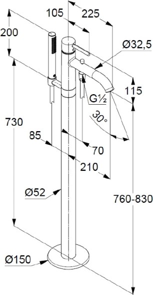 Смеситель для отдельно стоящей ванны KLUDI BOZZ DN 15 однорычажный, напольный, черный матовый (385903976)