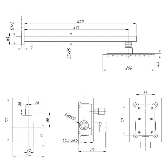 Душевая система 35к ПРОФСАН ПСМ-CB-02 лейка &amp;quot;Тропический душ квадрат &amp;quot; встраиваемая, ХРОМ - PSM-CB-02 