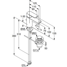 Смеситель для раковины KLUDI PURE&STYLE 75  однорычажный c донным клапаном, черный матовый (403823975)