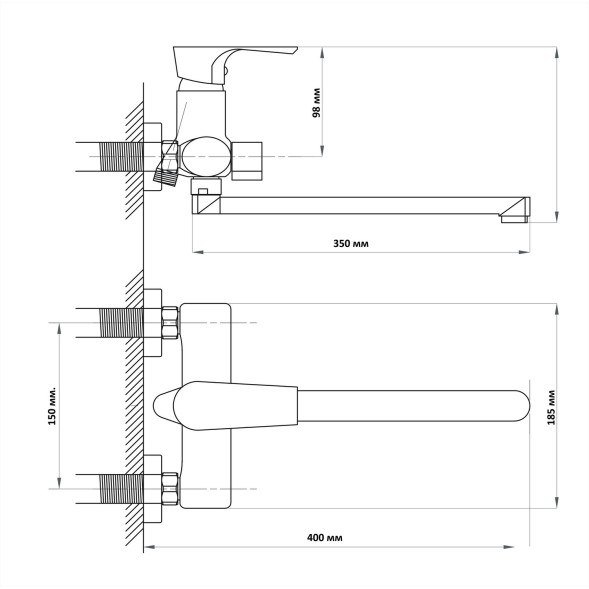 Смеситель для ванны и раковины 35к ПРОФСАН ПСМ-400-2 &amp;quot;400&amp;quot; , эксцентрики &amp;quot;ЕВРО&amp;quot;, ХРОМ - PSM-400-2 