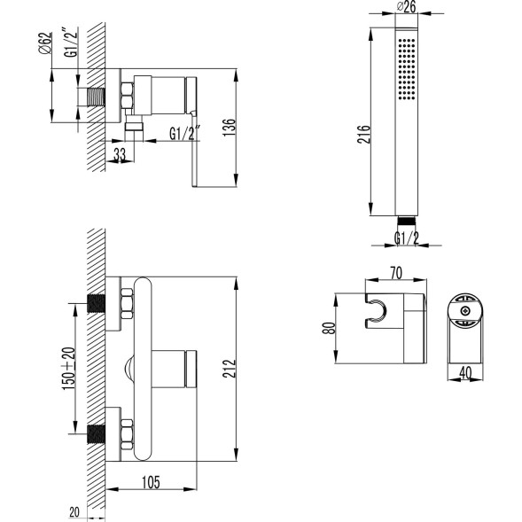Смеситель для душа Azario VINCENTE с ручным душем, керамический картридж, без излива, хром (AZ-VRZ338326C)