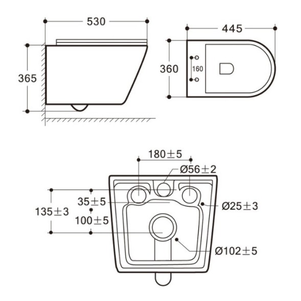 Унитаз подвесной Azario NOVE (Tornado) безободковый, P-образной формы, Горизонтальный слив, сиденье дюропласт микролифт 530x365x360 (AZ-9312T)