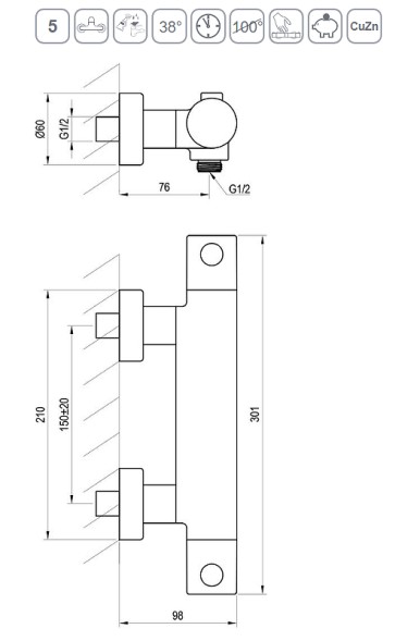 Смеситель для душа Ravak Puri PU 033.20/150 с термостатом, черный матовый (X070188)
