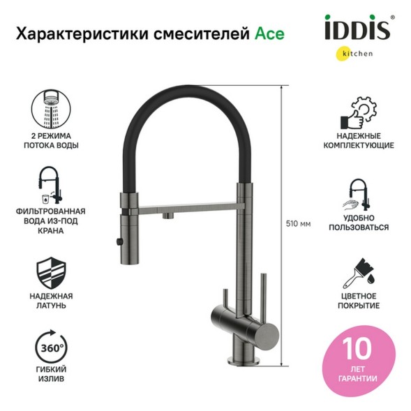 Смеситель для кухни 35к IDDIS ACEGMFFi05 &amp;quot;Ace&amp;quot; высокий, 3 в1, вых. д/пит. фильтра, душ  ГРАФИТ - ACEGMFFi05 