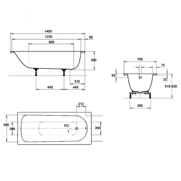 Ванна стальная Kaldewei Eurowa Verp. 140х70х39, alpine white, без ножек