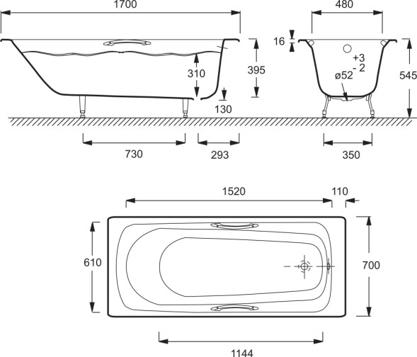 Ванна чугунная  Jacob Delafon MELANIE 170x70 см с антискользящим покрытием, с отверстием для ручек, без ножек, белая (E2925-00)