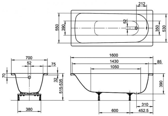 Ванна стальная Kaldewei Eurowa Verp. 160х70х39, alpine white, без ножек