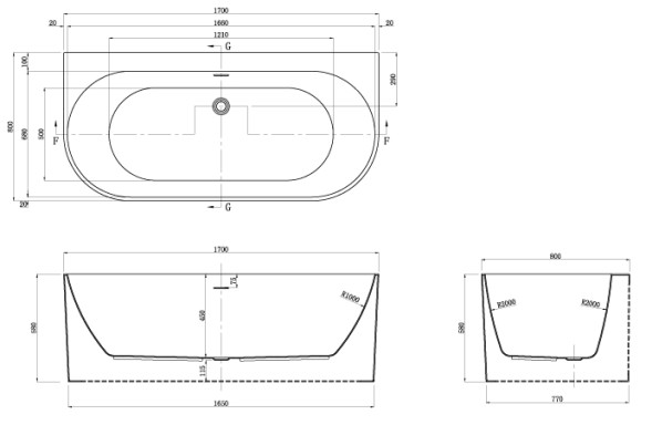 Ванна акриловая Azario BRADFORD 1700х800х580 пристенная, в комплекте с сифоном и металлической рамой (BRA17080)