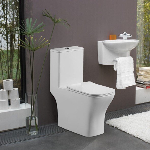 Унитаз-моноблок Azario Lodi 350х665х750 напольный, безободковый, горизонтальный слив, сиденье дюропласт микролифт (AZ-8617)