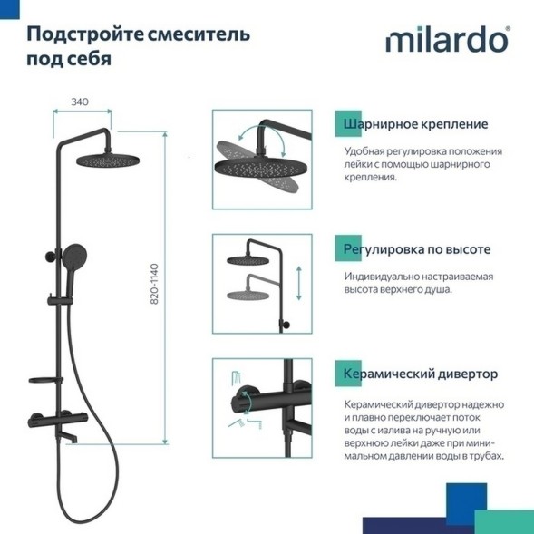 Душевая система термостат Milardo ILSBLTHM06 &amp;quot;Ideal Spa&amp;quot; лейка &amp;quot;Тропический душ&amp;quot;  ЧЕРНЫЙ матовый - ILSBLTHM06 