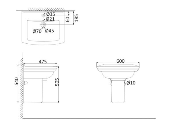 Раковина на одной ножке Creo Ceramique ORLEANS 600х475х870, белая (OR3000+OR3010)