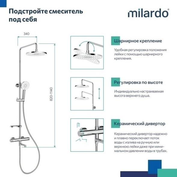 Душевая система термостат Milardo ILSSBTHM06 &amp;quot;Ideal Spa&amp;quot; лейка &amp;quot;Тропический душ&amp;quot; ХРОМ - ILSSBTHM06 