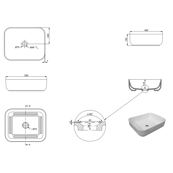 Раковина-чаша Creo Ceramique 500х400х140 накладная, прямоугольная, керамика, белый глянцевый (PU4200)