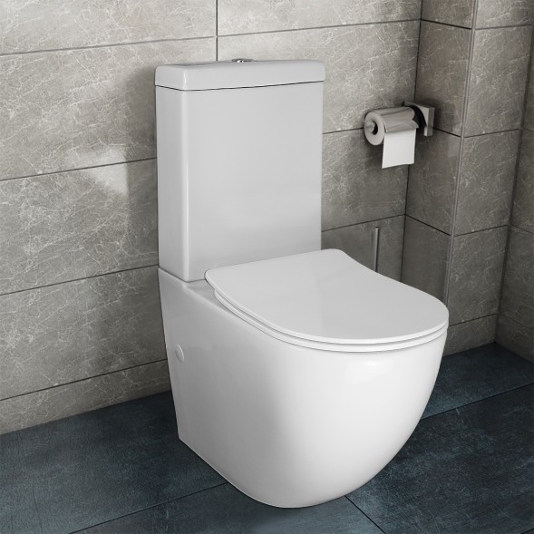 Унитаз-компакт Azario Renda 615х365х840 напольный, безободковый,  в комплекте с арматурой, сиденье микролифт, белый (AZ-8693)